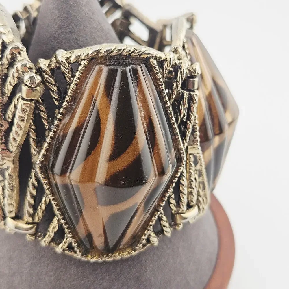 Vintage Silver Tone Chunky Panel Bracelet Animal Print Selro Style Twisted Metal